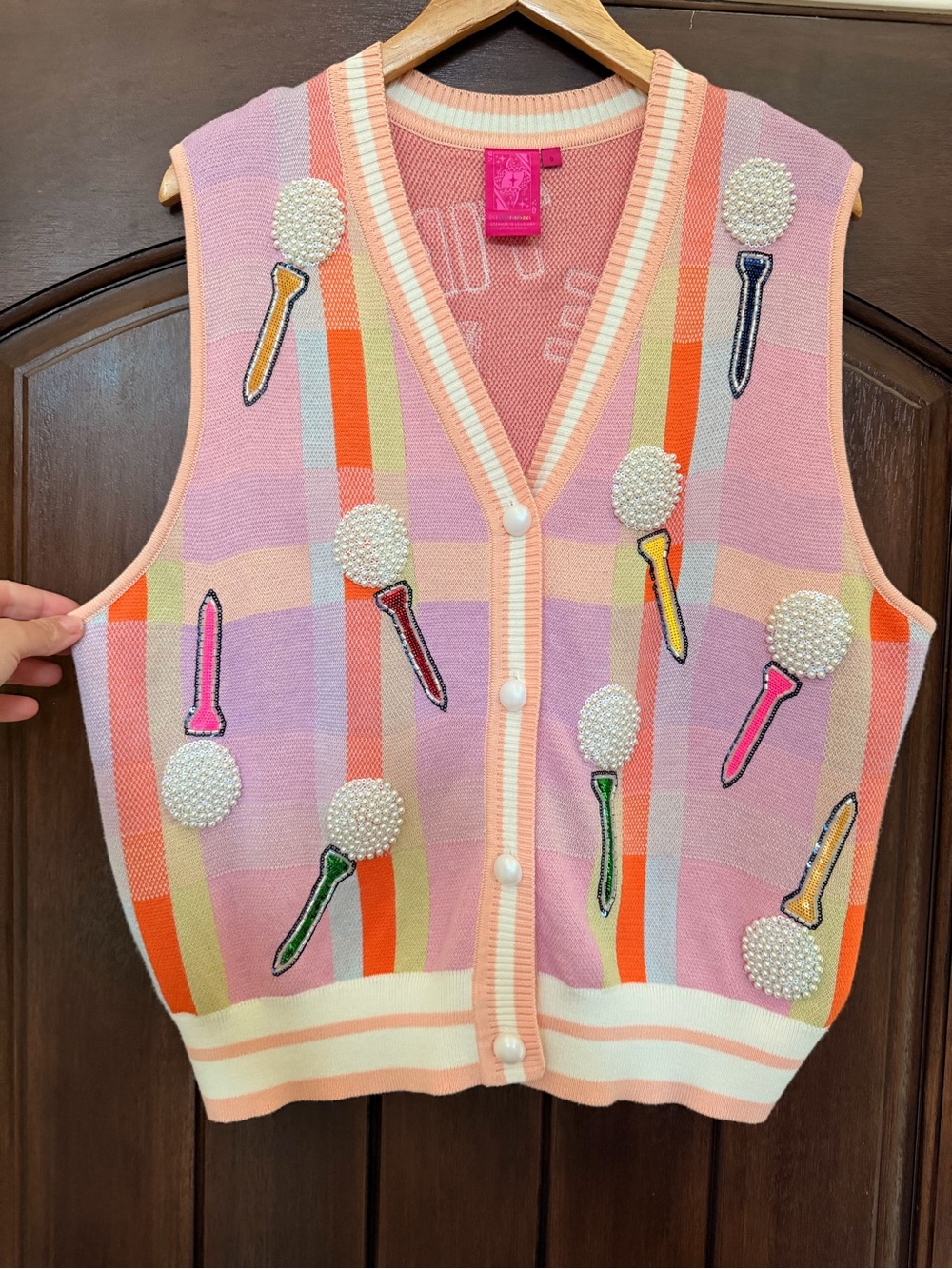QUEEN OF SPARKLES Pink Plaid Embellished Button Vest